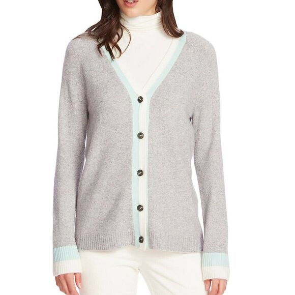 Court & Rowe Stripe Trim Button Front Cardigan Long Sleeve V-Neck Gray SZ Small - Picture 1 of 8